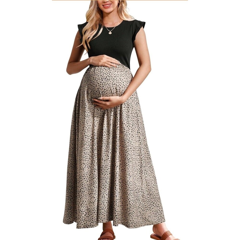 OUGES Women's Maternity Dress Summer Ruffle Sleeve with Pockets Size S